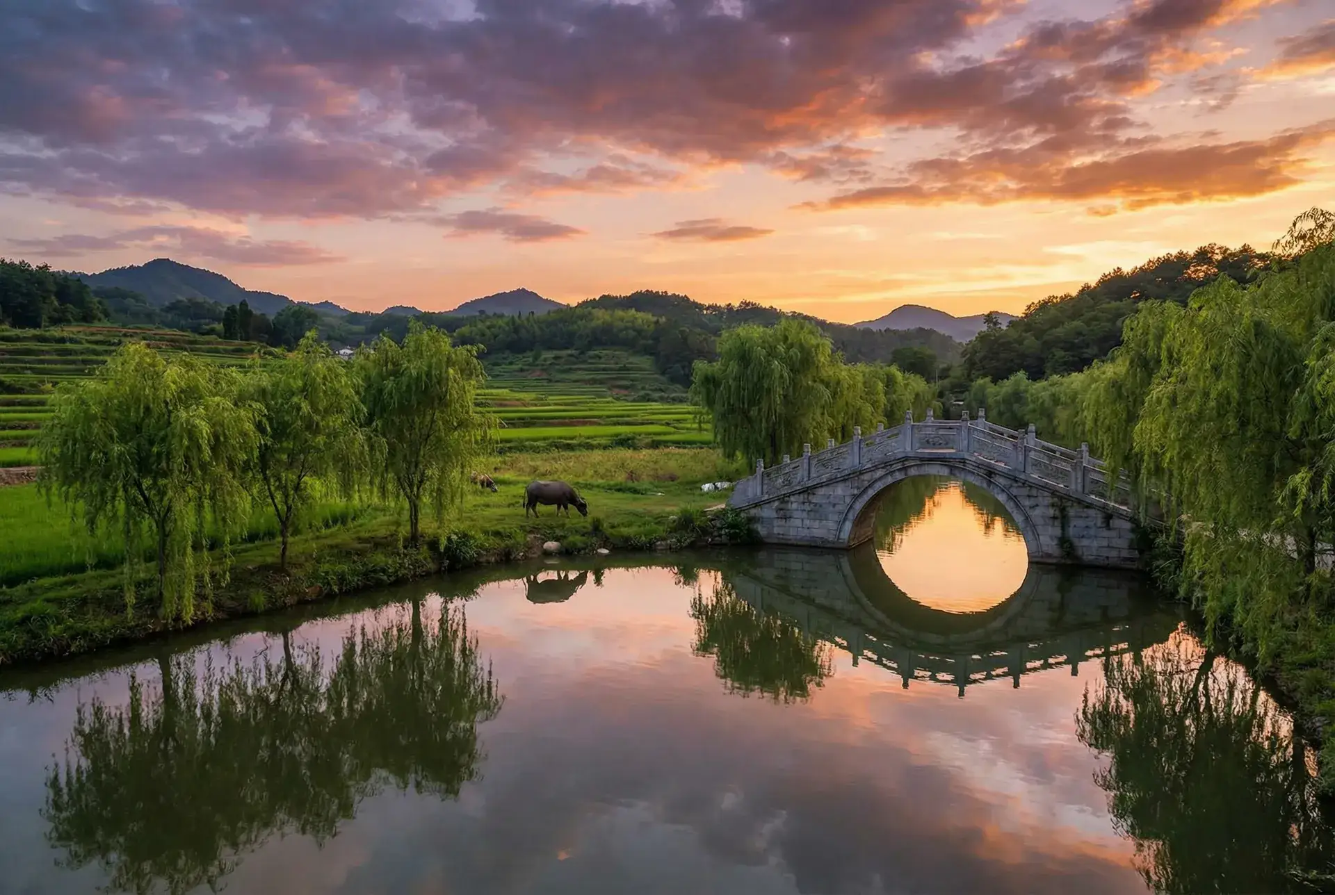 夕阳下的石拱桥与垂柳，水牛在河边吃草 - 国产一浮力影院 乡村美景